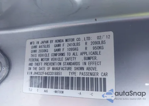 2012 Acura Tsx 2.4 from USA, damaged, VIN JH4CU2F44CC018851